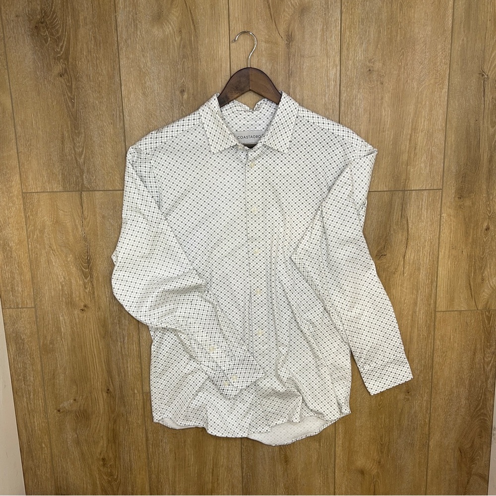COASTAORO Casual Long Sleeve Button Down, White w/ Blue Micro Floral Design.